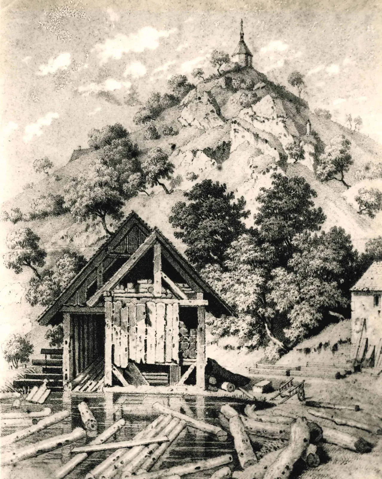 Historische Darstellung der Steinbissäge am Wasser mit Kapelle auf dem Felsen